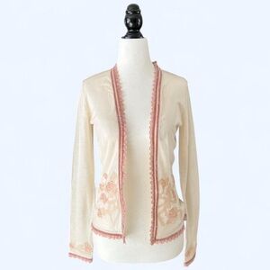 Moiselle Womens Pink White Embroidered Floral Wool Dainty Coquette Cardigan 2